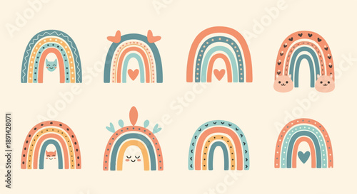 Collection of cute, cartoon rainbows with faces and hearts
