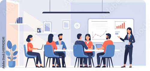 Business meeting with people presenting data and collaborating