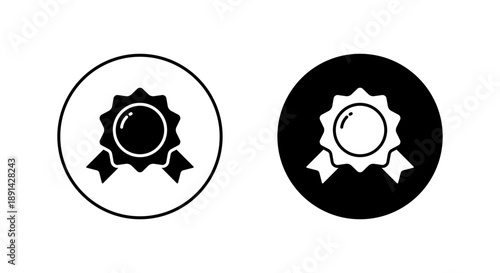 Certification seal icon with ribbon. Award badge symbol. Reward emblem sign in black circle