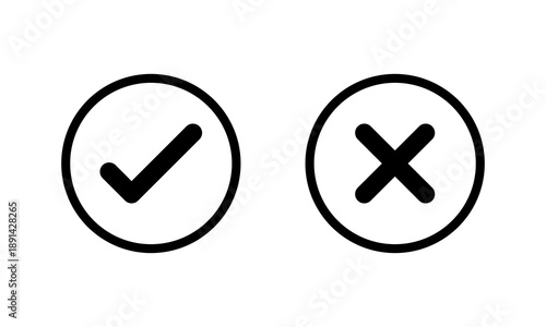 Check mark and cross icon in circular outline. Yes and no symbol. Approval and rejection sign