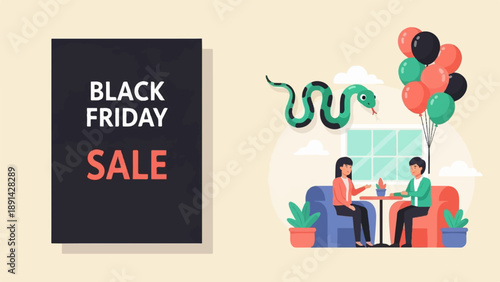Black Friday sale promotion with people, balloons, and a snake