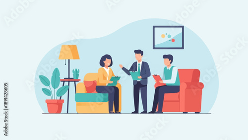 Business meeting with professionals in a comfortable office setting discussing documents