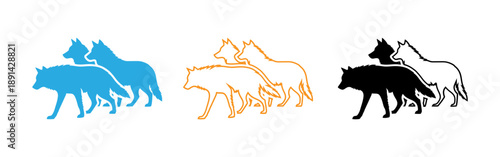 Three pairs of horse and rider silhouettes in blue orange and black