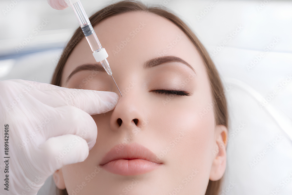 Naklejka premium close-up portrait of a young woman receiving non-surgical nose reshaping treatment with a cosmetic injection performed by a medical professional in a modern aesthetic clinic setting