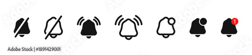 Notification bell icon set. Ringing bells icon alarm symbol. Incoming inbox new message notification icon. Application app alert. Bell off, silent mute icons. Social media icons