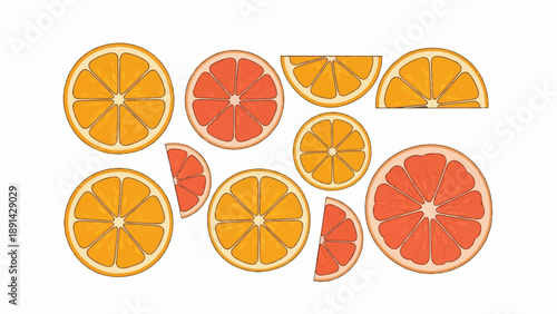 Assorted vibrant citrus fruit slices, including oranges and grapefruits, scattered artfully