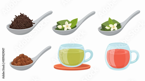 Assorted spoons with tea leaves, coffee beans, and cups of brewed beverages