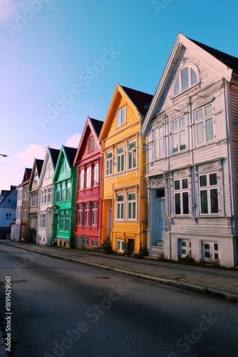 A charming scene unfolds on a tranquil street in a small town, where vibrant wooden houses stand in a row beneath a bright blue sky, dotted with fluffy white clouds