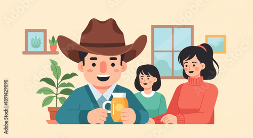 Cheerful family enjoying drinks indoors with plants and artwork