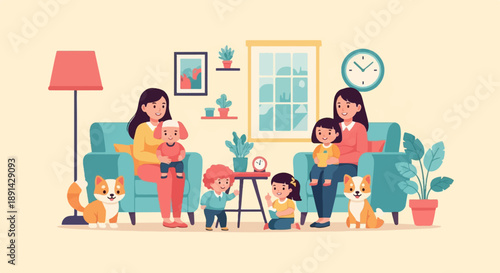 Cheerful family and pets enjoying a cozy day at home together