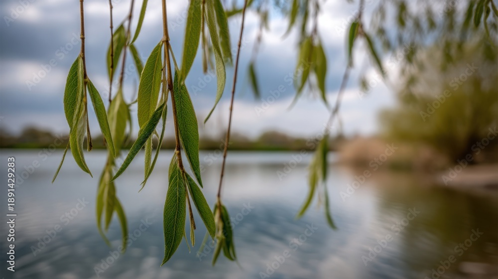 Fototapeta premium Tender willow branches with green leaves sway gently over tranquil water under a cloudy sky