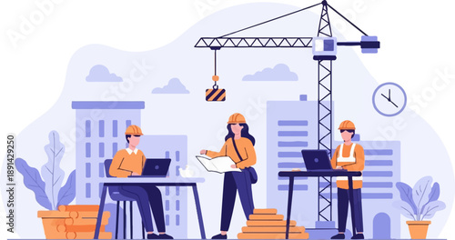 Construction site with workers, crane, buildings, and plants