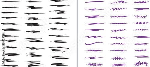 A comprehensive set of black and purple hand-drawn vector brush strokes and scribbles. Features diverse textures, including thick ink smears, jagged zigzags, wavy lines, and chaotic pen scratches.