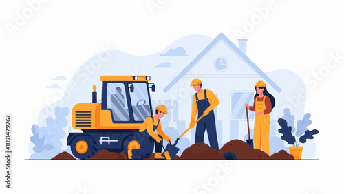 Construction workers with tractor and house in background