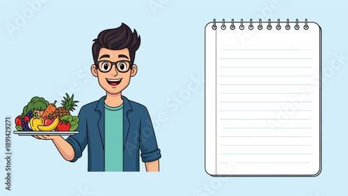 Happy man wearing glasses holding a tray filled with fresh fruits and vegetables next to a blank spiral notebook for diet planning.