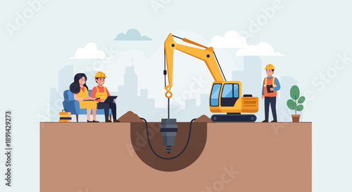Construction workers oversee drilling with an excavator and plant