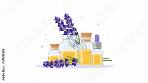 Aromatic botanical liquids in clear glass bottles with lavender sprigs