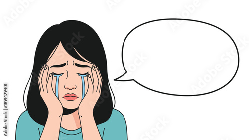 Sad young woman crying with her hands on her face and tears falling while standing next to a blank speech bubble for message.