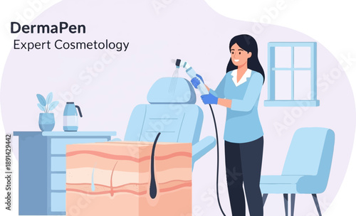 Cosmetologist demonstrates a skin treatment device over a detailed skin anatomy model