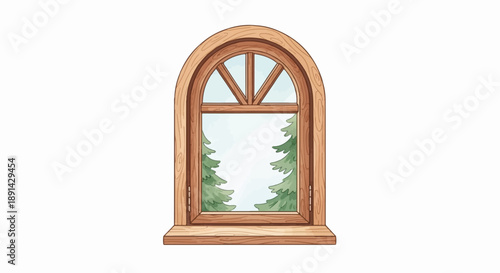 Arched wooden window framing a view of winter evergreen trees