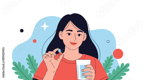 Smiling young woman holding a blue and red capsule and a glass of water prepared to take her daily medication or supplement.
