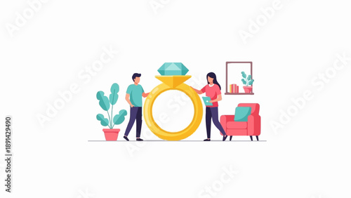 Couple admires a giant diamond ring in a cozy room with plants