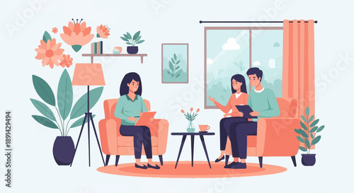 Counseling session in a living room with plants and window view