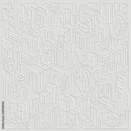 Seamless 3D embossed pattern of architectural geometric forms. Minimalist white on gray isometric textured composition with emboss textured arches, cubes and stairs in a continuous line art style.