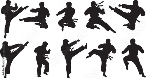 Set of 10 martial arts poses vector silhouettes isolated PNG with Transparent Background