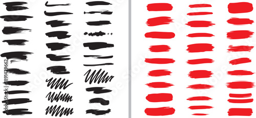 A collection of dynamic black and red vector brush strokes with varied textures, thick smears, and hand-drawn ink effects, perfect for bold artistic accents and digital painting.