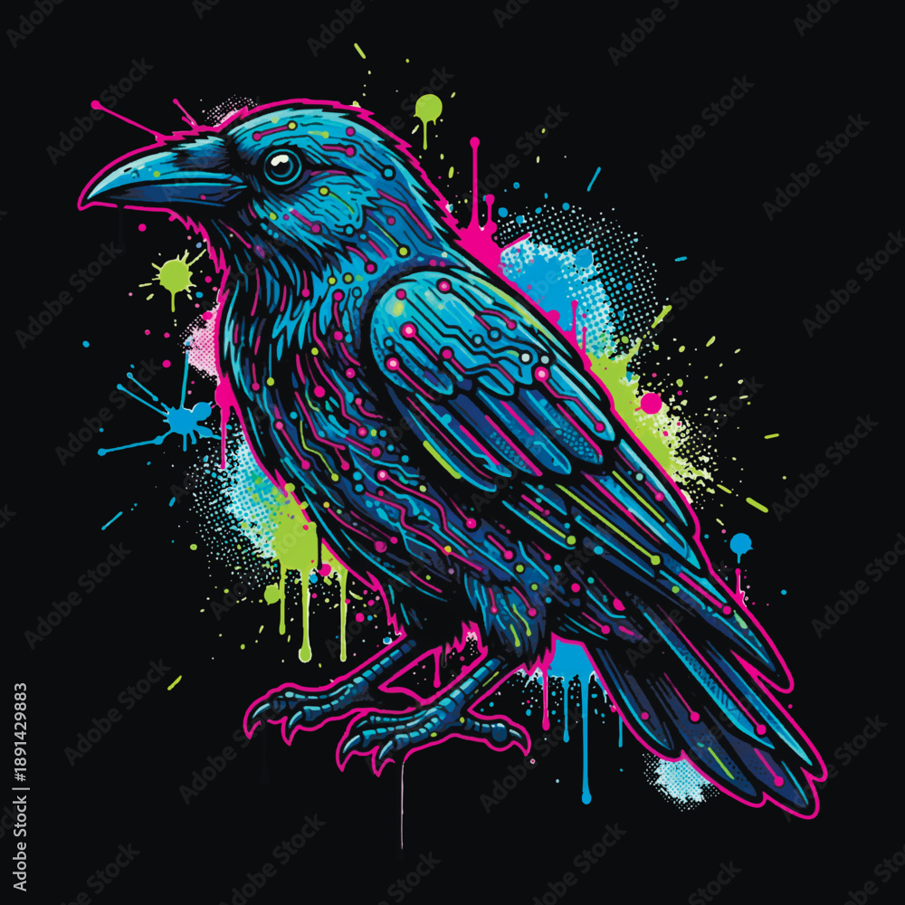 Fototapeta premium Vibrant vector illustration of a raven in a cybernetic graffiti style. With glowing circuitry patterns, neon teal and pink accents, and urban paint splatters on a black background.