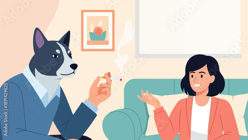 Anthropomorphic dog in a suit and a woman chat while smoke rises from a cigarette