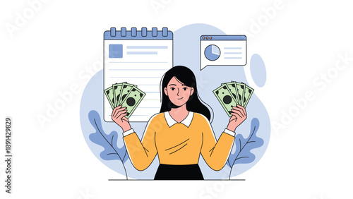 Happy young woman holding stacks of money while standing in front of a notepad and a data chart for financial success.