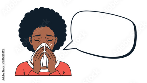 African American woman sneezing into a white tissue with her eyes closed and a blank speech bubble for health messages.
