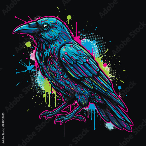 Vibrant vector illustration of a raven in a cybernetic graffiti style. With glowing circuitry patterns, neon teal and pink accents, and urban paint splatters on a black background.