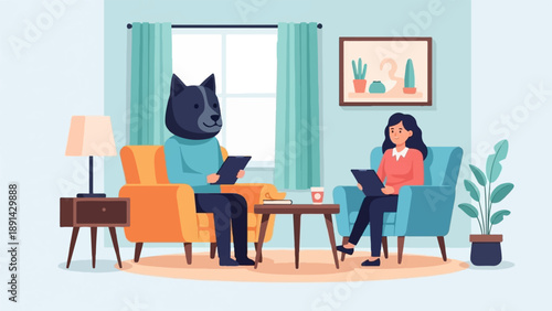 Anthropomorphic dog and woman in therapy session