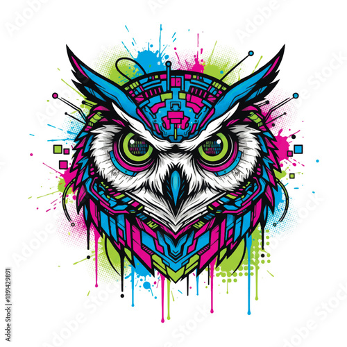 Futuristic vector illustration of a robotic owl head in a vibrant graffiti style. With glowing green eyes, mechanical armor plating, and explosive neon paint splatters on a white background.