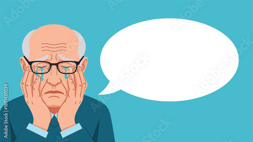Elderly man with glasses crying while holding his face with both hands next to a large blank speech bubble for message.