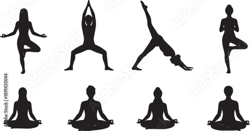 Set of 8 yoga poses vector silhouettes isolated PNG with Transparent Background