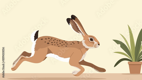 Animated rabbit runs by potted plant on light beige background