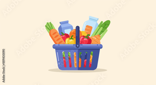 Blue grocery basket overflowing with fresh vegetables and fruits, light background