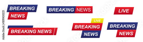 illustration: set of breaking news headlines in red and blue banners and logos isolated on white or transparent png