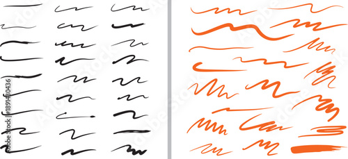 A comprehensive set of black and blue hand-drawn vector brush strokes and scribbles. Features diverse textures, including thick ink smears, jagged zigzags, wavy dividers, and loose pen marks.