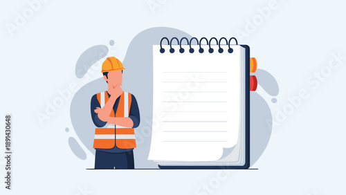 Construction worker in a safety vest and hard hat thinking while standing next to a large blank notepad for planning.
