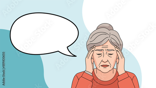 Senior woman with grey hair holding her temples in pain with her eyes closed next to a blank speech bubble.