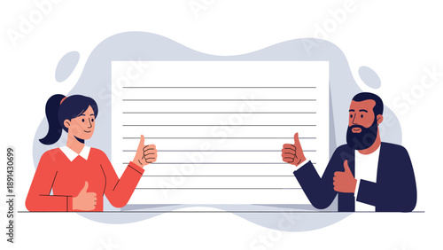 Happy man and woman in professional attire giving a thumbs up while standing next to a large blank white paper.