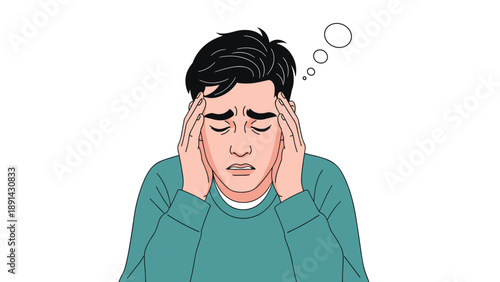 Young man with eyes closed and hands on his face looking stressed and overwhelmed with a thought bubble above.