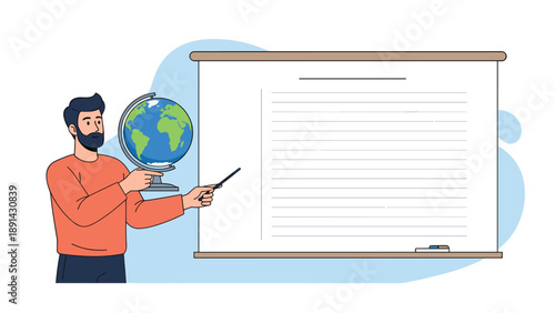 Young man with a beard pointing at a whiteboard with a stick while holding a globe for a geography presentation.