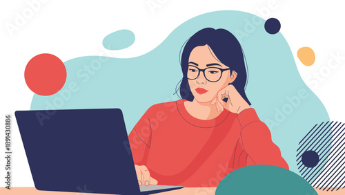 Focused young woman wearing glasses working on a laptop against a background of colorful abstract shapes and patterns.