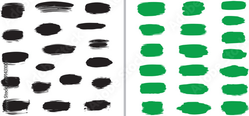 A comprehensive set of black and green hand-drawn vector brush strokes and organic shapes. Features various textures, from thick ink smears and oval blots to wavy lines and expressive zigzags.